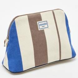 Pre Owned Hermes Rayures Rocabar Stripe Canvas Bolide Medium Travel Pouch Bag
