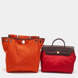 Pre Owned Hermes Brick Red/Moka Toile Canvas and Vache Hunter Herbag 31 Bag