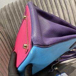 Pre Owned Hermes Birkin 30 Rose Jaipur Lagoon Blue Iris Purple Goat Leather Tote Bag