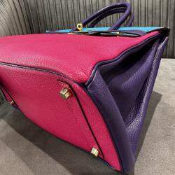 Pre Owned Hermes Birkin 30 Rose Jaipur Lagoon Blue Iris Purple Goat Leather Tote Bag