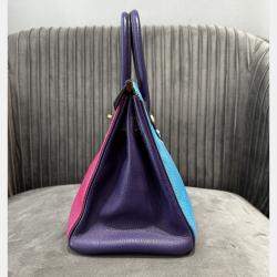 Pre Owned Hermes Birkin 30 Rose Jaipur Lagoon Blue Iris Purple Goat Leather Tote Bag