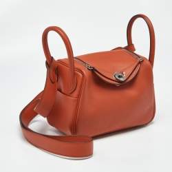 Pre Owned Hermes Terre Battue/Capucine Swift Leather Palladium Finish Mini Lindy Bag