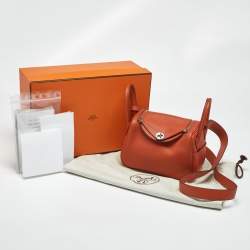 Pre Owned Hermes Terre Battue/Capucine Swift Leather Palladium Finish Mini Lindy Bag