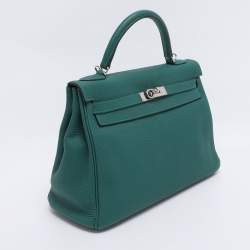 Pre Owned Hermes Vert Verone Clemence Leather Palladium Finish Kelly Retourne 32 Bag