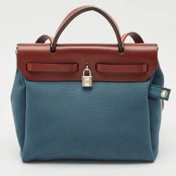 Pre Owned Hermes Blue Agate/Rouge H Canvas and Leather Herbag 28 Bag