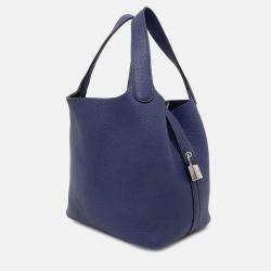 Pre Owned Hermes Picotin Lock 18 Blue Encre Taurillon Clemence Bucket Bag