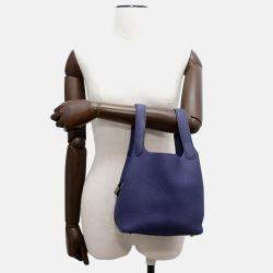 Pre Owned Hermes Picotin Lock 18 Blue Encre Taurillon Clemence Bucket Bag