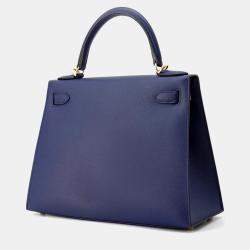Pre Owned Hermes Kelly Sellier 28 Blue Saphir Epsom Handbag