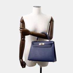 Pre Owned Hermes Kelly Sellier 28 Blue Saphir Epsom Handbag