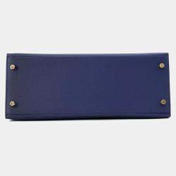 Pre Owned Hermes Kelly Sellier 28 Blue Saphir Epsom Handbag