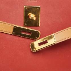 Pre Owned Hermes Rouge H/Rouge Vif/Naturel Box Leather Gold Finish Kelly Sellier 32 Bag