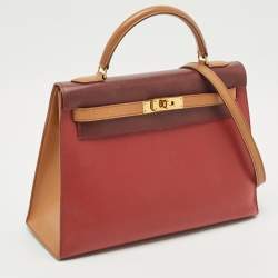 Pre Owned Hermes Rouge H/Rouge Vif/Naturel Box Leather Gold Finish Kelly Sellier 32 Bag