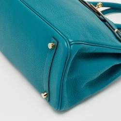 Pre Owned Hermes Blue Izmir Clemence Leather Gold Finish Birkin 30 Bag