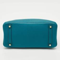 Pre Owned Hermes Blue Izmir Clemence Leather Gold Finish Birkin 30 Bag