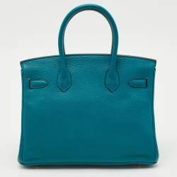 Pre Owned Hermes Blue Izmir Clemence Leather Gold Finish Birkin 30 Bag