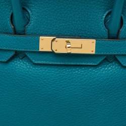Pre Owned Hermes Blue Izmir Clemence Leather Gold Finish Birkin 30 Bag