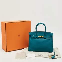 Pre Owned Hermes Blue Izmir Clemence Leather Gold Finish Birkin 30 Bag