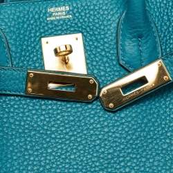 Pre Owned Hermes Blue Izmir Clemence Leather Gold Finish Birkin 30 Bag