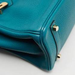 Pre Owned Hermes Blue Izmir Clemence Leather Gold Finish Birkin 30 Bag