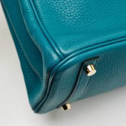 Pre Owned Hermes Blue Izmir Clemence Leather Gold Finish Birkin 30 Bag