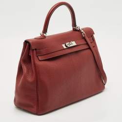 Pre Owned Hermès Rouge Grenat Clemence Leather Palladium Finish Kelly Retourne 35 Bag