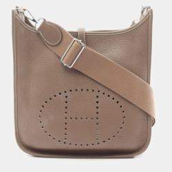Pre Owned Hermes Evelyne 3 Troyes PM Shoulder Bag A Clemence Leather Etoupe Grey Shw
