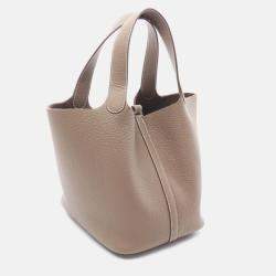 Pre Owned Hermes Picotin Lock 22 Handbag Clemence Leather Etoupe Grey