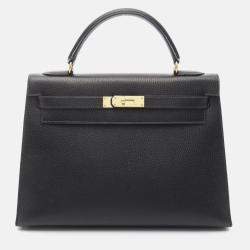 Pre Owned Hermes Kelly 32 Shoulder Handbag V Ardennes Leather Noir Black Sellier Ghw