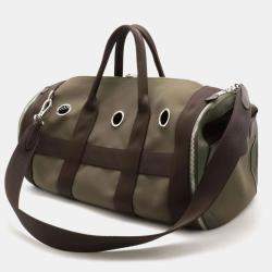 Pre Owned Hermes Dog Carrier Khaki/Dark Brown Canvas and Leather Shoulder Bag