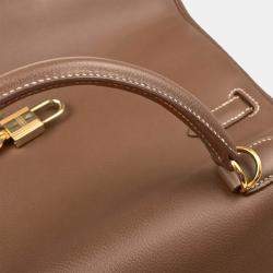 Pre Owned Hermes Kelly 32 Retourne Gold Veau Graine Leather Handbag
