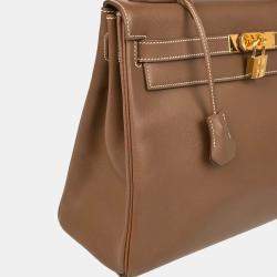 Pre Owned Hermes Kelly 32 Retourne Gold Veau Graine Leather Handbag