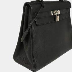 Pre Owned Hermes Kelly 32 Retourne Black Taurillon Clemence Leather Handbag