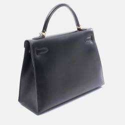 Pre Owned Hermès Kelly 32 Black Calf Box Leather GHW Outside Stitch Handbag