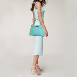 Pre Owned Hermes Bleu Atoll Togo Leather Gold Finish Kelly Retourne 28 Bag