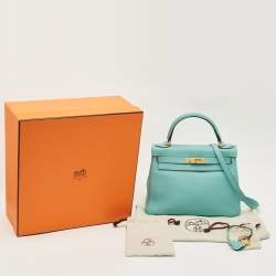 Pre Owned Hermes Bleu Atoll Togo Leather Gold Finish Kelly Retourne 28 Bag