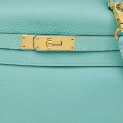 Pre Owned Hermes Bleu Atoll Togo Leather Gold Finish Kelly Retourne 28 Bag