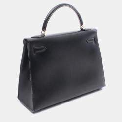 Pre Owned Hermes Kelly 32 Noir Box Calf Leather Handbag