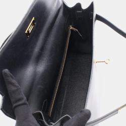 Pre Owned Hermes Kelly 32 Noir Box Calf Leather Handbag
