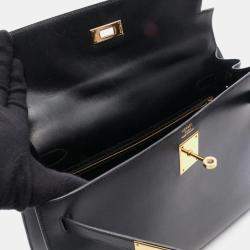 Pre Owned Hermes Kelly 32 Noir Box Calf Leather Handbag