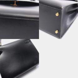 Pre Owned Hermes Kelly 32 Noir Box Calf Leather Handbag