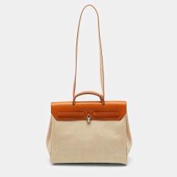 مملوكة مسبقًا حقيبة هيرميس هيرباج 39 قماش تويل باللون الخاكي الطبيعي وجلد فاش