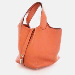 Pre Owned Hermes Picotin 18 Orange Clemence Leather Handbag