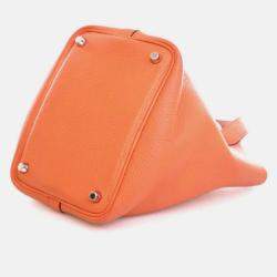 Pre Owned Hermes Picotin 18 Orange Clemence Leather Handbag