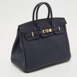 Pre Owned Hermes Bleu Nuit Togo Leather Gold Finish Birkin 25 Bag