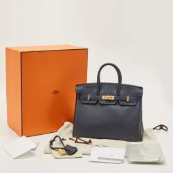 Pre Owned Hermes Bleu Nuit Togo Leather Gold Finish Birkin 25 Bag