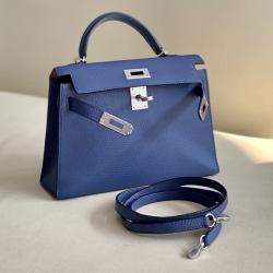 Pre Owned Hermes Kelly II Mini Agate Blue Leather Handbag
