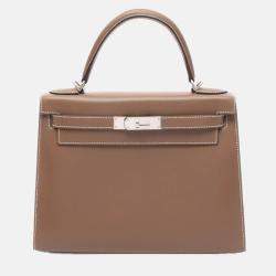 Pre Owned Hermes Kelly 28 Etoupe Grey Tadelakt Leather Handbag