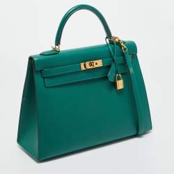 Pre Owned Hermes Malachite Epsom Leather Gold Finish Kelly Sellier 32 Bag