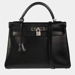 Pre Owned Hermes Kelly 32 Retourne Black Box Calf 2way Handbag