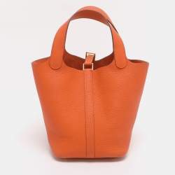 Pre Owned Hermes Apricot Taurillon Clemence Leather Picotin Lock 18 Bag